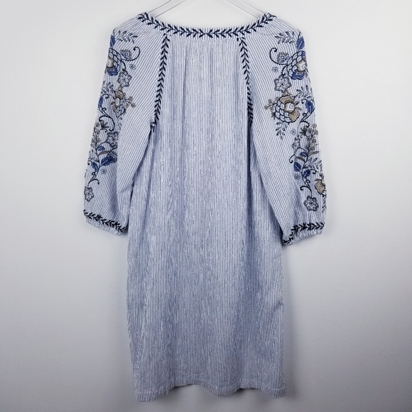 J. Jill Ocean Breeze Embroidered Textured Tassel Tie Blue Striped Shift Dress - Picture 5 of 15